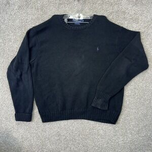 Polo Ralph Lauren Sweater Men XL Black Cotton Crewneck Purple Pony Knit Ribbed